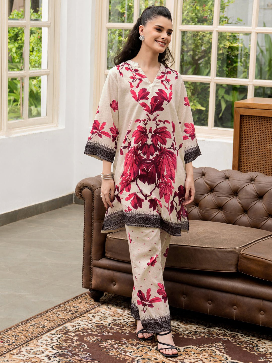 400798Main_3db54a2f-ec3b-4038-a34c-471d9d81c2c9.jpg Off White Printed Cotton Blend Cord Set - Style 0798H - Image 1