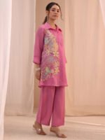 Pink Floral Embroidered Chanderi Cotton Cord Set - Image 2