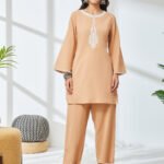 Beige Linen Cotton Embroidered A-Line Cord Set