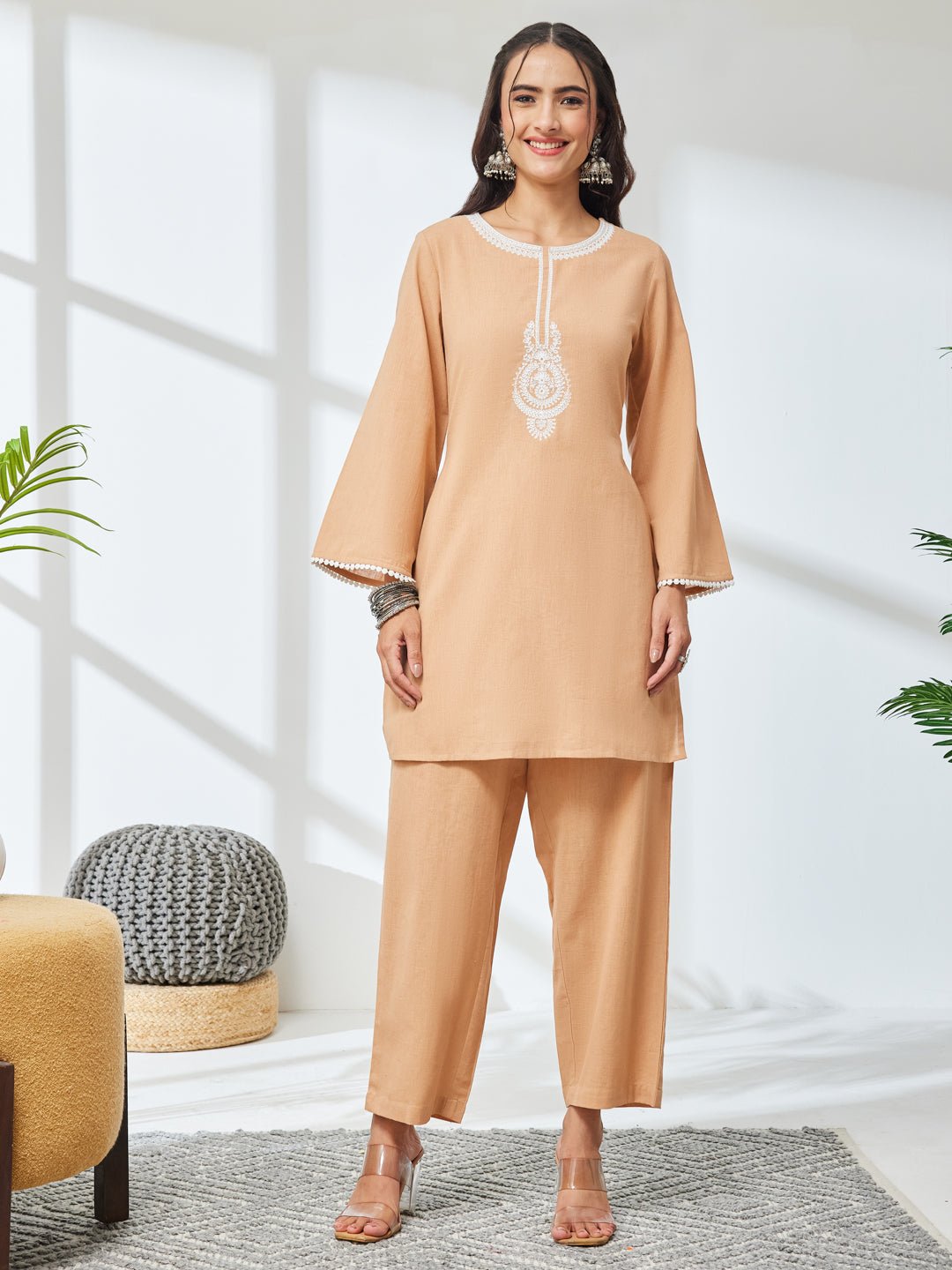 JAA26CD03704_1.jpg Beige Linen Cotton Embroidered A-Line Cord Set - Image 1