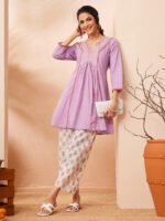 Lavender Pure Cotton Yoke Embroidered A-Line Cord Set