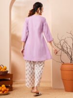 Lavender Pure Cotton Yoke Embroidered A-Line Cord Set - Image 3