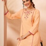 Peach Pure Cotton Yoke Embroidered Straight Cord Set