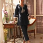 Navy Blue Pure Cotton Yoke Embroidered Straight Cord Set