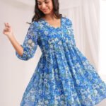 Blue Georgette Floral Printed A-Line Cord Set