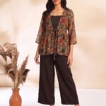 Brown Chiffon Solid Shoulder Strap Crop Top with Trouser Floral Printed Shrug