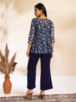 Black Chiffon Solid Shoulder Strap Crop Top with Trouser Floral Printed Shrug - Image 3