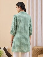 Green Pure Cotton Ethnic Motifs Printed A-Line Short Kurti - Image 3