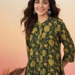 Dark Green Pure Cotton Floral Printed A-Line Flared Short Kurti