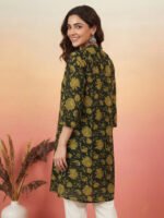 Dark Green Pure Cotton Floral Printed A-Line Flared Short Kurti - Image 2
