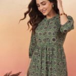 Green Pure Cotton Geometric Printed A-Line Short Kurti