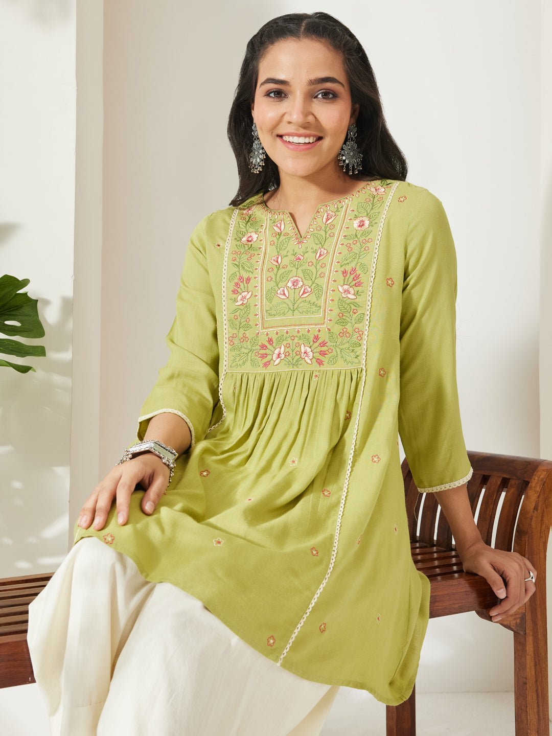 JAA26TU03941_1.jpg Lime Green Rayon Yoke Embroidered A-Line Short Kurti - Image 1