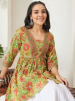 Lime Green Pure Cotton Floral Printed A-Line Short Kurti