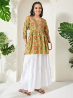 Lime Green Pure Cotton Floral Printed A-Line Short Kurti - Image 2