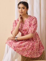 Pink Pure Cotton Floral Printed A-Line Short Kurti