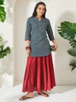 Teal Blue Pure Cotton Striped Printed A-Line Short Kurti - Image 2
