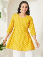 Yellow Pure Cotton Ethnic Motifs Printed A-Line Short Kurti
