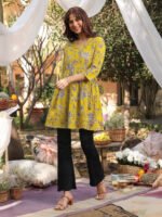 Mustard Yellow Pure Cotton Floral Printed Wrap A-Line Short Kurti