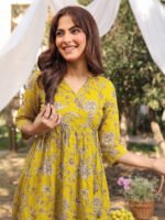 Mustard Yellow Pure Cotton Floral Printed Wrap A-Line Short Kurti - Image 2