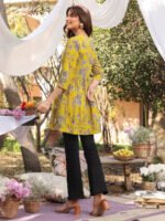 Mustard Yellow Pure Cotton Floral Printed Wrap A-Line Short Kurti - Image 3