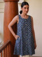Blue Pure Cotton Geometric Printed A-Line Short Kurti