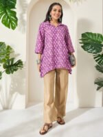 Purple Pure Cotton Ethnic Motifs Printed A-Line Short Kurti