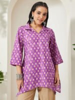 Purple Pure Cotton Ethnic Motifs Printed A-Line Short Kurti - Image 2