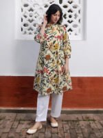 Beige Pure Cotton Floral Printed A-Line Short Kurti - Image 2