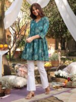 Teal Green Pure Cotton Paisley Printed Gathered Short Kurti
