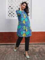 Blue Pure Cotton Floral Printed A-Line Short Kurti - Image 2