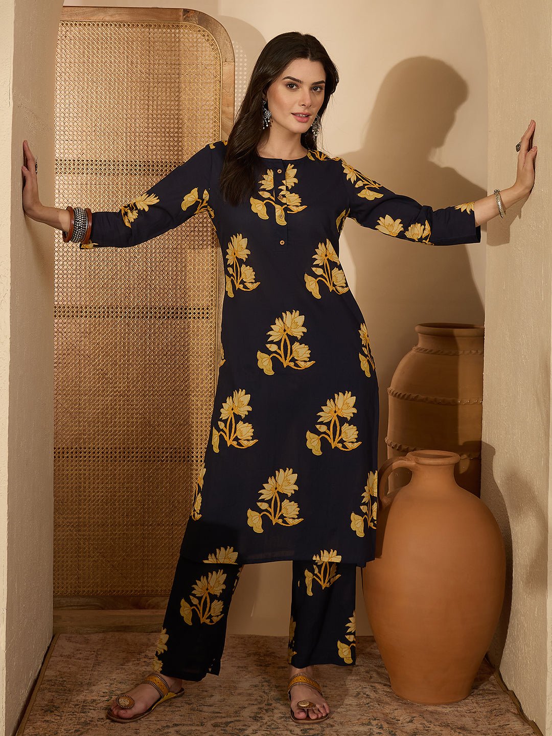 JAB25CD03476_1.jpg Navy Blue Pure Cotton Floral Printed Straight Cord Set - Image 1