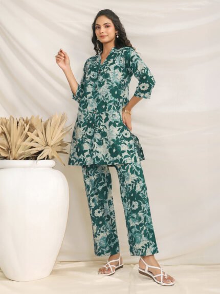 Green Pure Cotton Floral Printed A-Line Cord Set