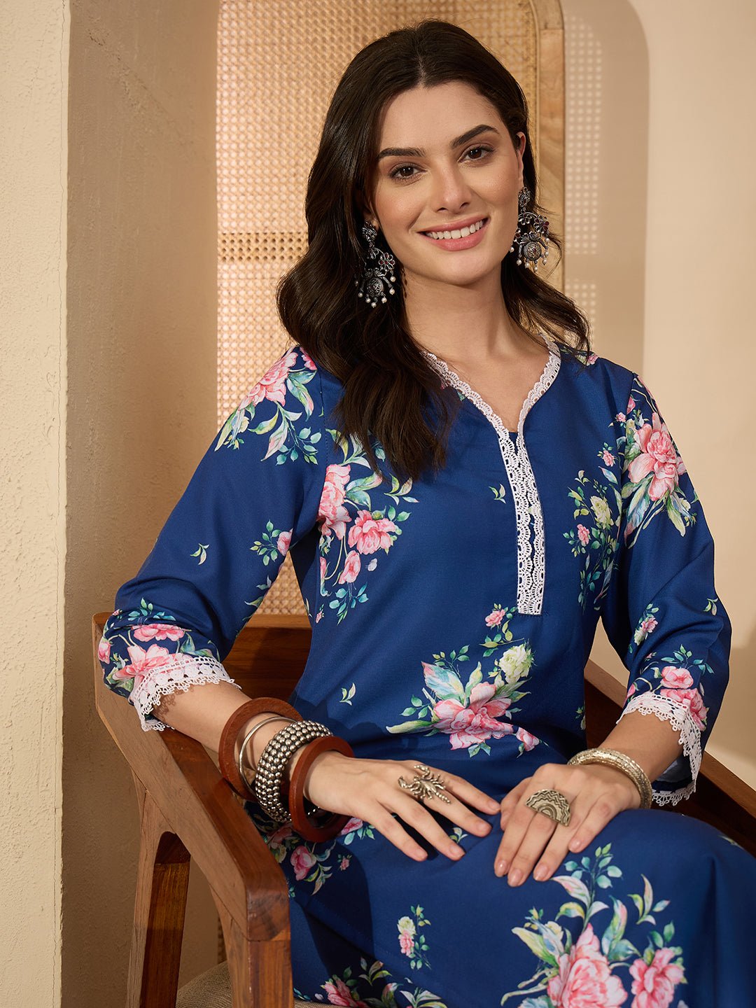 JAC25CD03432_1.jpg Blue Rayon Blend Floral Printed Straight Cord Set - Image 1