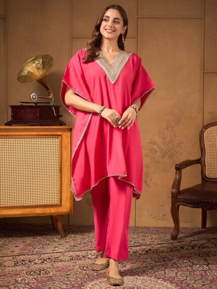 Pink Silk Blend Embroidered Kaftan Cord Set