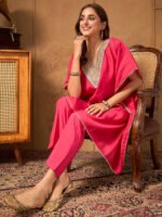 Pink Silk Blend Embroidered Kaftan Cord Set - Image 2