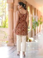 Rust Brown Pure Cotton Floral Printed A-Line Short Kurti - Image 3