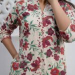 Cream Pure Cotton Floral Printed Straight Short Kurti