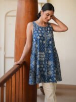 Teal Blue Pure Cotton Bandhani Printed A-Line Short Kurti