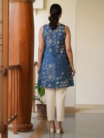 Teal Blue Pure Cotton Bandhani Printed A-Line Short Kurti - Image 3