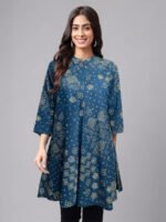 Teal Blue Pure Cotton Bandhani Printed Flared Short Kurti
