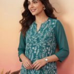 Teal Green Georgette Floral Rubber Print A-Line Short Kurti