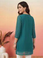 Teal Green Georgette Floral Rubber Print A-Line Short Kurti - Image 2
