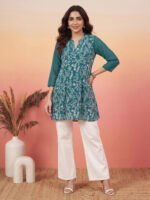 Teal Green Georgette Floral Rubber Print A-Line Short Kurti - Image 3
