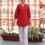 Red Linen Cotton Foil Print Straight Short Kurti
