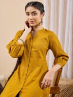 Mustard Linen Cotton Ethnic Motifs Printed Straight Short Kurti