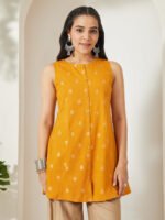 Mustard Linen Cotton Foil Print A-Line Short Kurti - Image 2