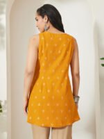Mustard Linen Cotton Foil Print A-Line Short Kurti - Image 3